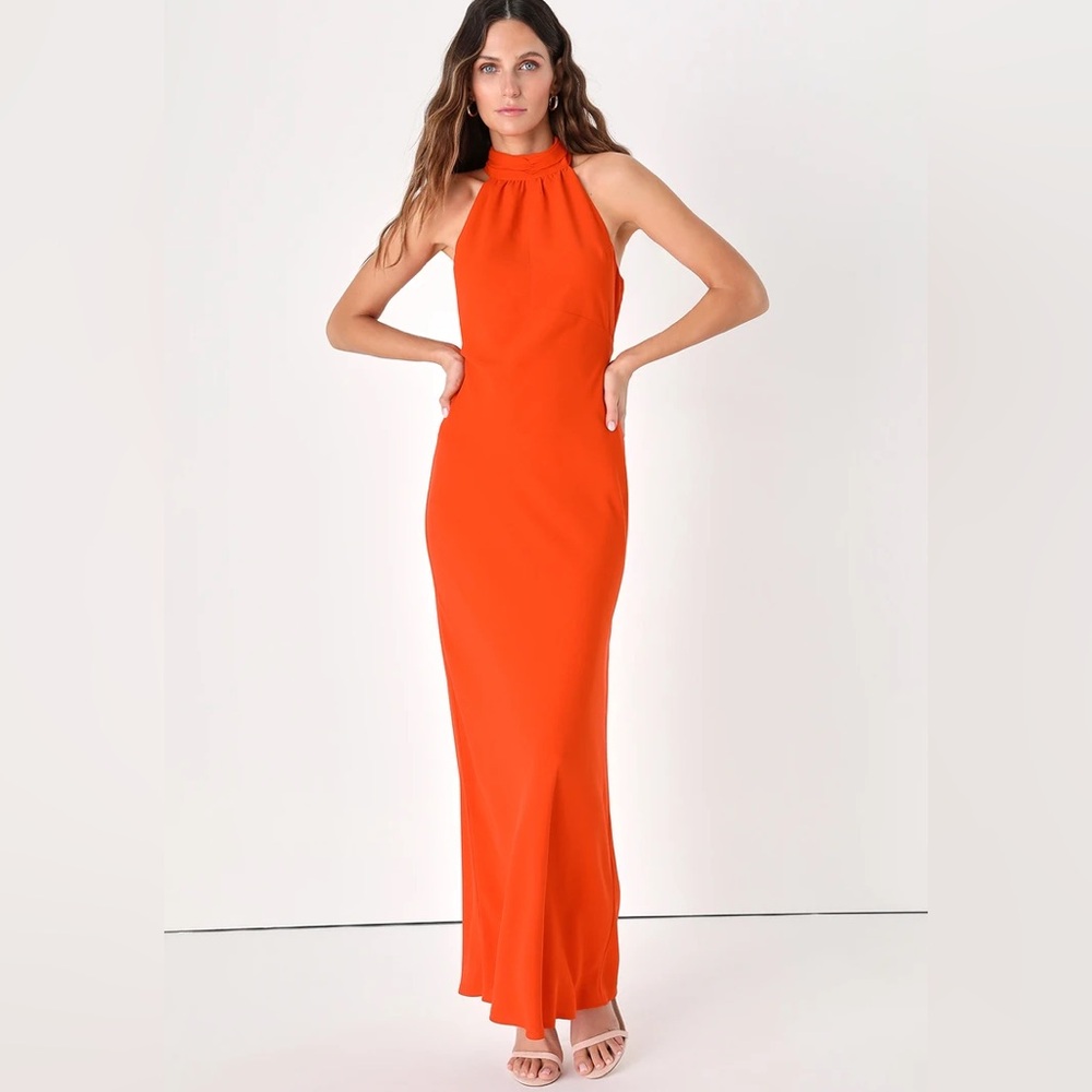 Lulu's Red Orange Backless Halter Neck Maxi Dress